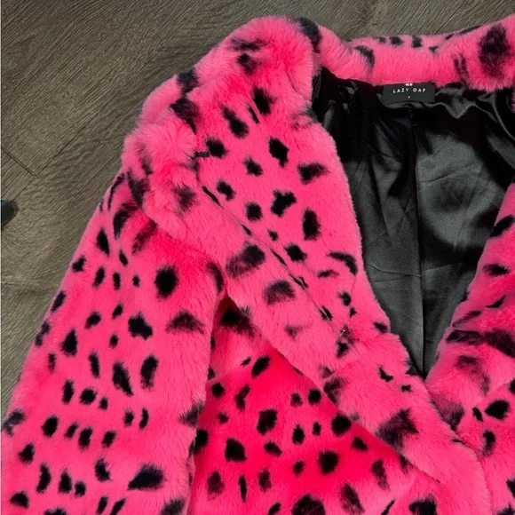 Lazy Oaf Hot Pink Faux Fur Pea Coat with Black Spot Print and Bow - Picture 5 of 9